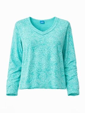 Fresh ProduceTurquoise Patterned V-Neck Long Sleeve Top Teal Printed Top V Neck